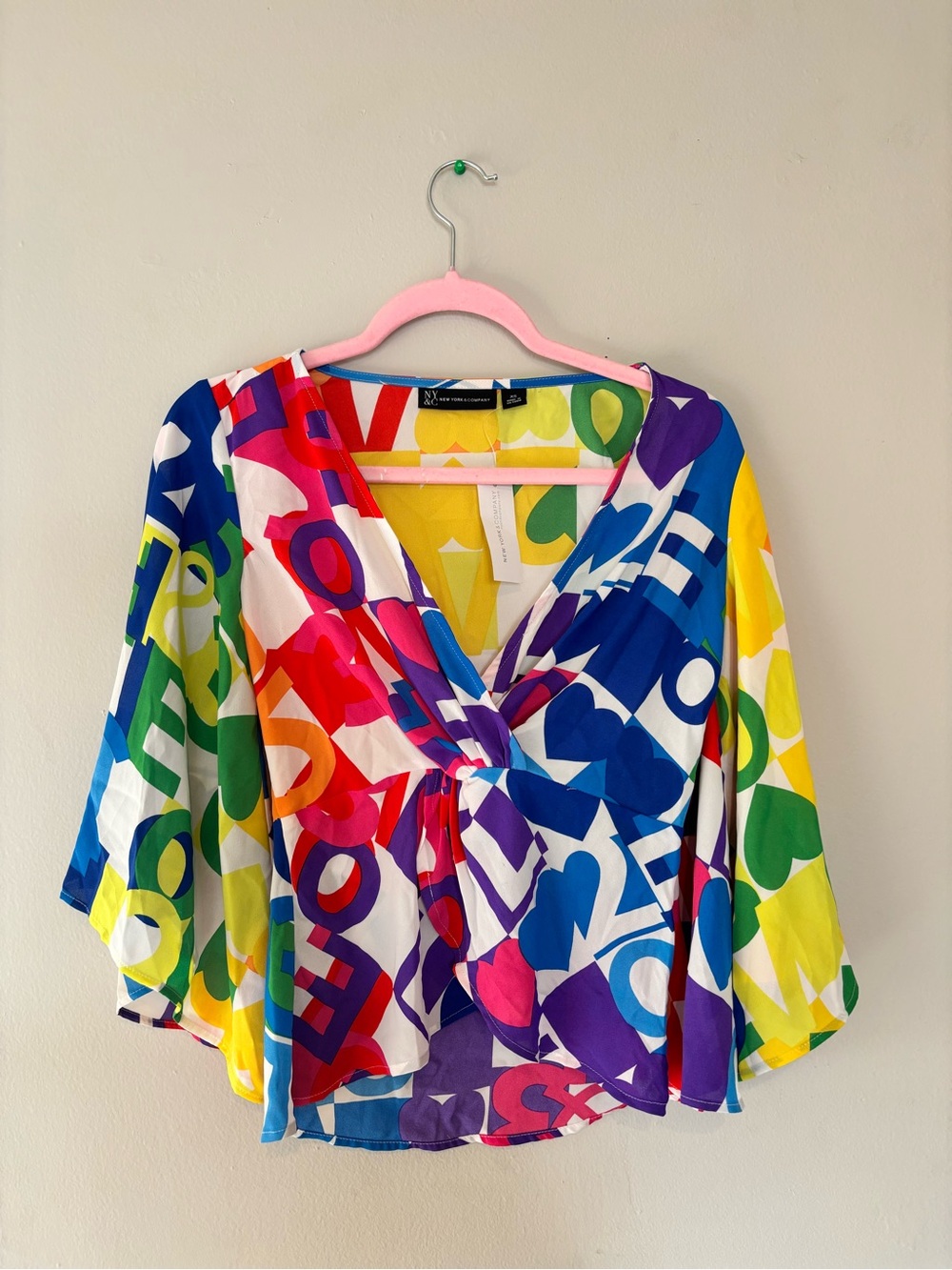 NY Collection Multicolor Letter-Print Wrap Blouse
